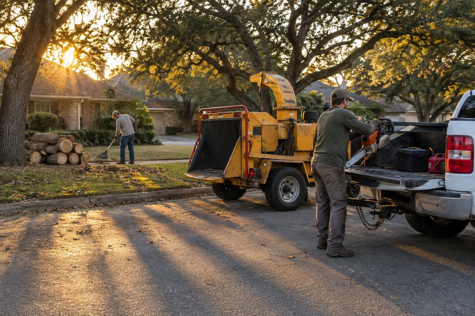 A tree crew at the end of the day, loading a chainsaw onto the truck while the lawn is raked clean