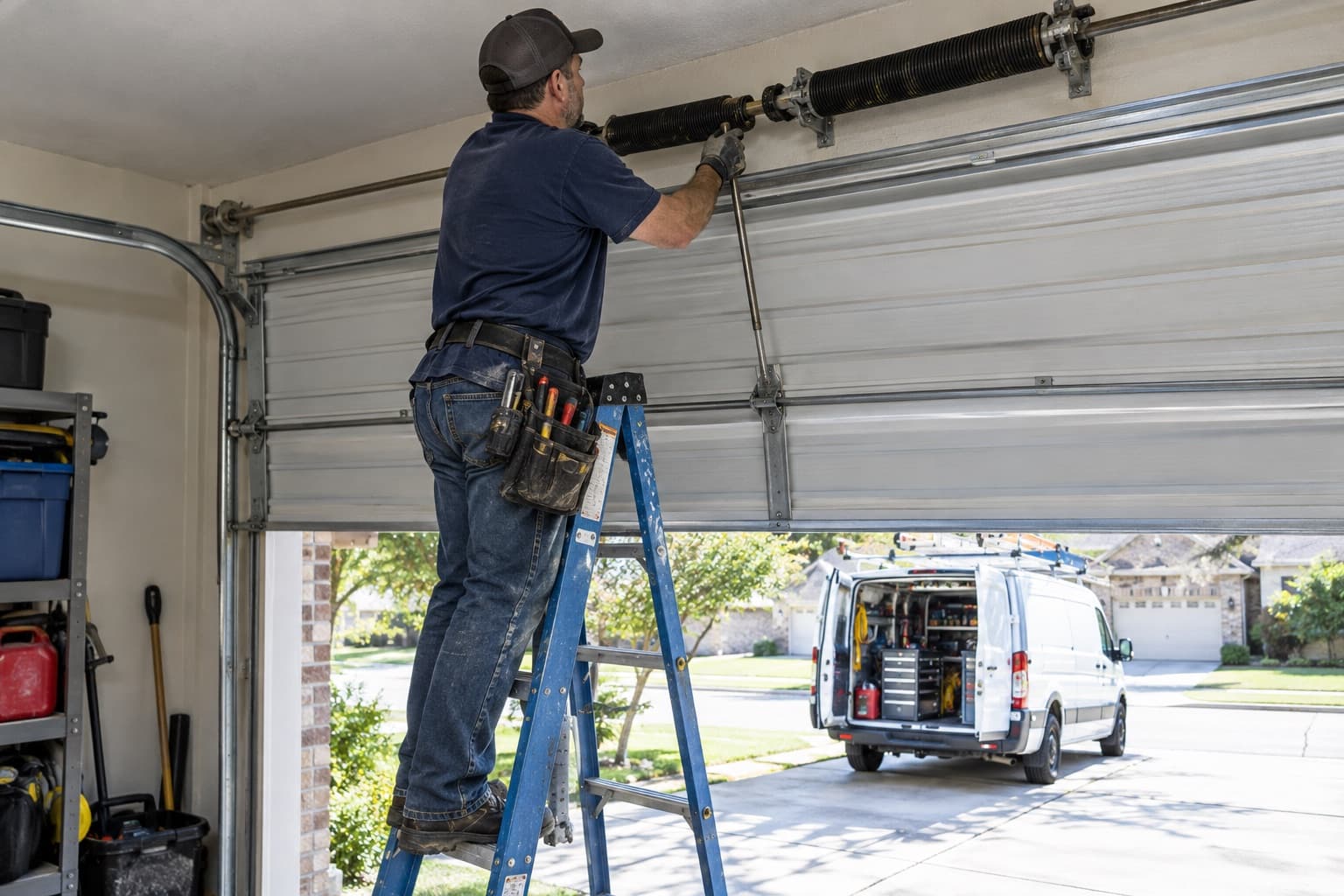 A garage door technician on a ladder adjusting the spring above a garage door