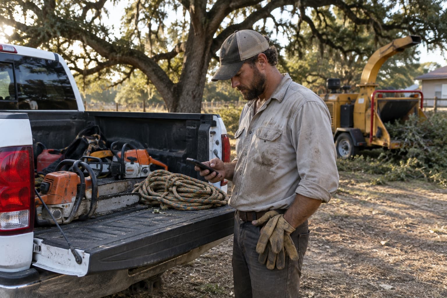 A tree service owner by his truck's tailgate, glancing at his phone