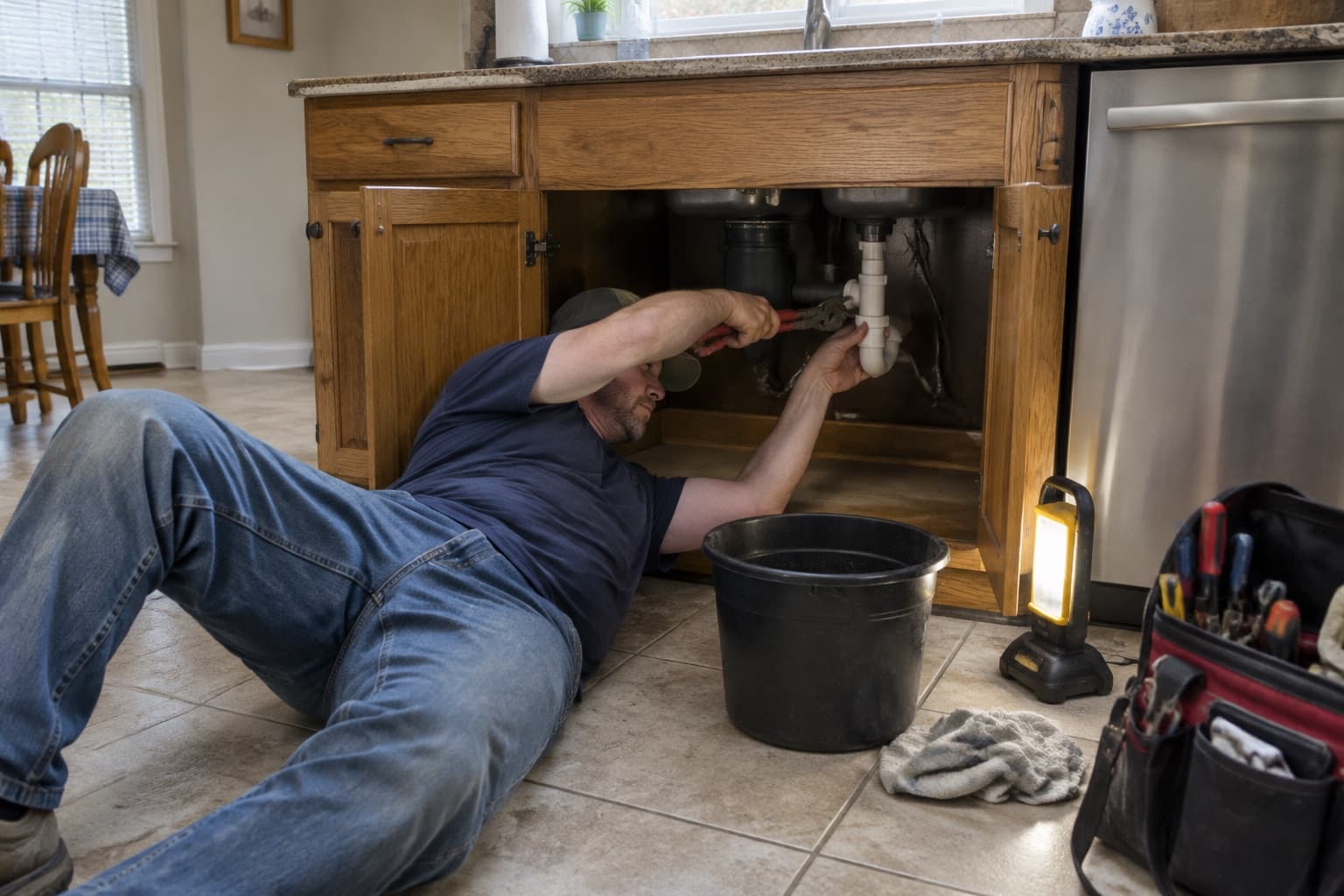 A plumber under a kitchen sink tightening a fitting on the drain