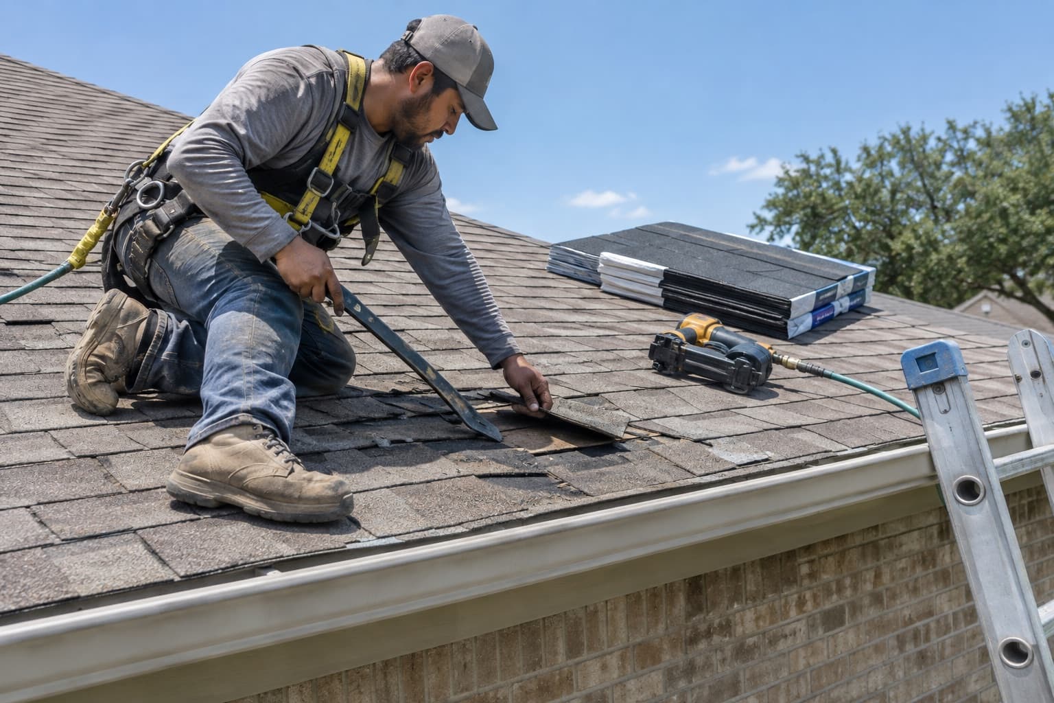 A roofer in a harness prying up hail-damaged shingles on a Texas house